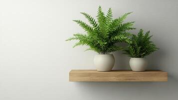 Two green plants in white vases on a shelf photo