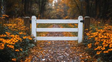 A white gate in the middle of a path surrounded by orange flowers photo