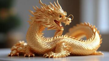 Gold dragon statue on white table photo
