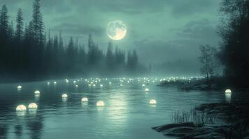 A river with lights floating in it at night photo