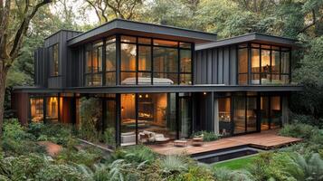 Modern house in the woods with glass walls photo