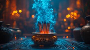Incense sticks burning in a pot on a table photo