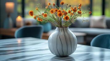 A vase with flowers sitting on a table photo