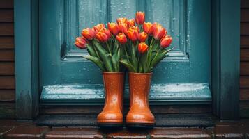 A pair of rubber boots with flowers in them photo