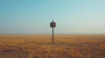 A sign in the middle of a field with a foggy sky photo