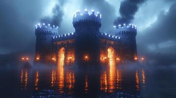 A castle in the dark with smoke coming out of it photo
