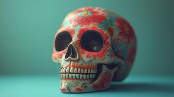 A colorful sugar skull on a blue background photo