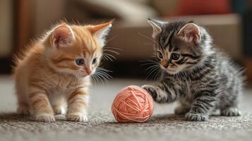Two kittens playing with a ball of yarn photo