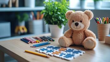 A teddy bear sits on a table with a puzzle piece photo