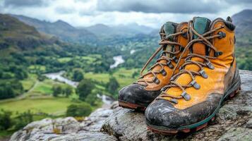 A pair of hiking boots on a rock photo
