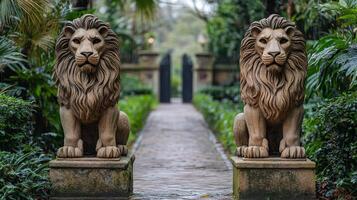 Two lion statues on a path photo