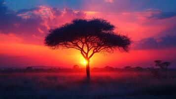 A lone tree stands in the middle of a field at sunset photo