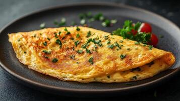 An omelet with cheese and herbs on a black plate photo