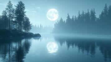 A full moon is reflected in the water of a lake photo