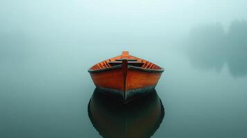 A boat is floating in the water on a foggy day photo