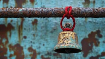 A rusty bell hanging on a rusty metal pipe photo