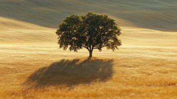 A lone tree in a field with a shadow photo