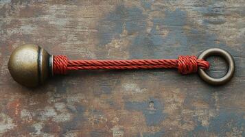 A key with a red rope around it photo