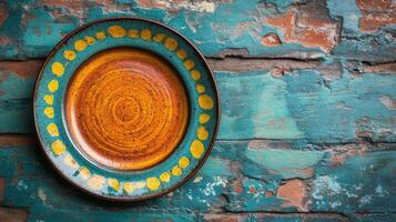 A plate with a yellow and blue design on it photo
