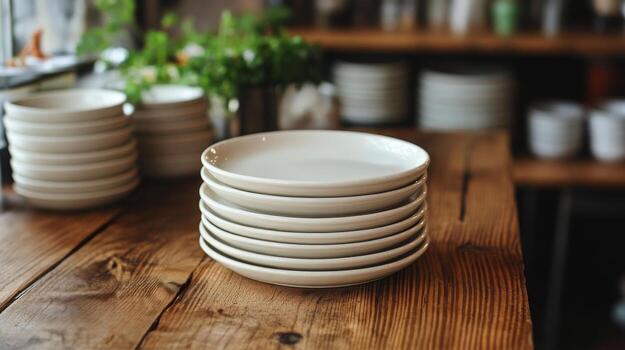 A stack of white plates on a wooden table photo