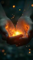 Hands holding glowing light in their hands photo