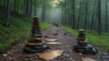 A path in the woods with rocks stacked on top of each other photo