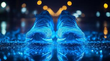 A pair of running shoes in the rain at night photo