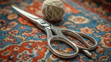 A pair of scissors and a ball of yarn photo