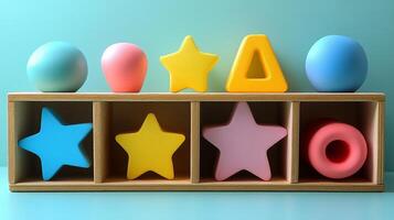 Colorful toys in a wooden box on a blue background photo