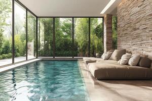 A modern indoor swimming pool with a large window photo