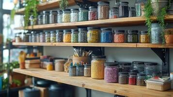 A shelf with jars of various colors and different types of seeds photo