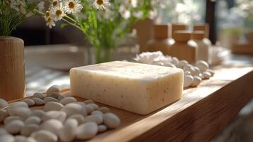 A soap bar on a wooden tray with flowers and other items photo