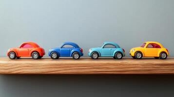 Colorful toy cars on a shelf photo