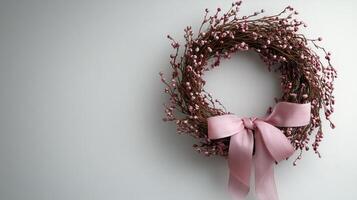 A wreath with pink ribbon and berries on a white wall photo