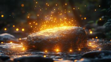 A rock with glowing fire coming out of it photo