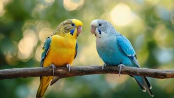 Two parrots sitting on a branch with blurred background photo