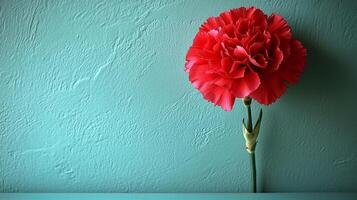 A single red carnation is on a blue wall photo