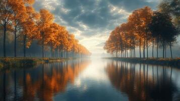 Autumn trees line the water in a river photo