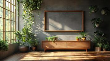 An empty room with plants and a wooden cabinet photo