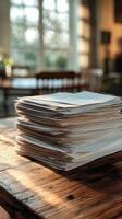 A stack of papers on a wooden table photo