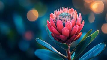 A red protea flower is shown in front of a blurry background photo