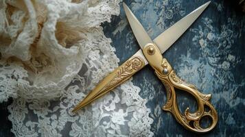 A pair of scissors on a table photo