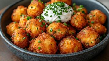 A bowl of fried potatoes with sour cream and chives photo