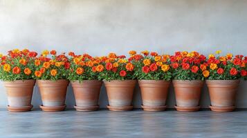 A row of orange and yellow flowers in a pot photo