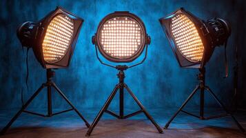 Three lighting equipment on stands in front of a blue background photo