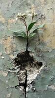 A flower growing out of a crack in a wall photo