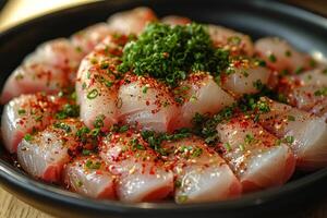 A bowl of raw fish with green garnish photo