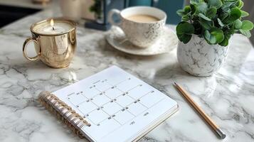 A calendar, coffee cup, and a plant on a marble table photo
