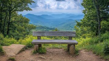 A wooden bench sitting on a hill overlooking a valley photo