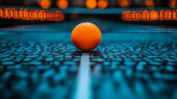 An orange ping pong ball sits on a table photo